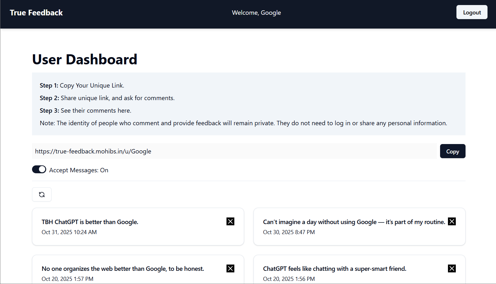 True Feedback question flow